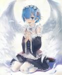  1girl angel_wings black_dress blue_eyes blue_hair blush breasts cleavage detached_sleeves dress feathered_wings frills hair_ornament hair_over_one_eye hair_ribbon hands_clasped interlocked_fingers looking_at_viewer maid maid_headdress medium_breasts open_mouth own_hands_together pantyhose re:zero_kara_hajimeru_isekai_seikatsu rem_(re:zero) ribbon seiza short_hair sitting smile solo tears white_legwear white_wings wings x_hair_ornament zrero 
