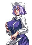  1girl :d blue_eyes blush breasts commentary_request cowboy_shot dress hat large_breasts lavender_hair letty_whiterock long_sleeves looking_at_viewer mimuni362 mob_cap open_mouth purple_dress self_fondle short_hair smile solo sweat touhou white_background 