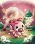  absurdres animal_ears artist_name blue_eyes bow cutiefly dog dog_ears dog_tail flower grass highres insect_wings leaf open_mouth pokemon pokemon_(creature) pokemon_(game) pokemon_sm pokkiu rockruff sky sparkle star tail tree wings 