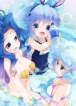  3girls :d blue_eyes blue_hair blush bottle character_request highres koriente multiple_girls open_mouth school_swimsuit shell shell_bikini show_by_rock!! smile swimsuit takano_natsuki water_bottle 