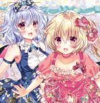  :d alternate_costume bare_shoulders blonde_hair blue_bow blue_hair blush bow breasts brooch choker collarbone commentary_request dress fang flandre_scarlet floral_print frilled_shirt_collar frills hair_bow jewelry leaning_forward looking_at_viewer open_mouth pekopokox puffy_short_sleeves puffy_sleeves red_bow red_eyes remilia_scarlet short_sleeves siblings side_ponytail sisters sleeveless smile touhou upper_body 