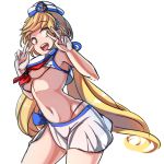  1girl aduare_mi blonde_hair breasts charcoal_(medium) crusaders_quest green_eyes hat long_hair looking_away navel open_mouth red_ribbon ribbon sailor sailor_collar sailor_hat skirt smile solo teresa_(crusaders_quest) thong under_boob v white_background 