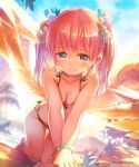  1girl all_fours angel_wings beach bikini blue_sky breasts choker cleavage collarbone company_name feathers flower hair_flower hair_ornament heart igarashi_youhei looking_at_viewer lyrian_(shingeki_no_bahamut) official_art outdoors pink_eyes pink_hair seashell shell shingeki_no_bahamut sky small_breasts smile solo sunlight swimsuit two_side_up v_arms water wet wings wristband 