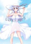  1girl adjusting_clothes adjusting_hat alternate_costume bare_shoulders blush breasts brown_eyes commentary_request dress hat kantai_collection large_breasts long_hair mikage_takashi shoukaku_(kantai_collection) silver_hair smile solo sun_hat white_dress 