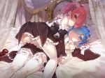  2girls all_fours blue_eyes blue_hair detached_sleeves from_behind garter_straps hair_ornament hair_over_one_eye hairband highres indoors lolita_hairband looking_back lying multiple_girls on_back on_bed parted_lips pink_eyes pink_hair ram_(re:zero) re:zero_kara_hajimeru_isekai_seikatsu rem_(re:zero) short_hair thigh-highs white_legwear x_hair_ornament yang-do 