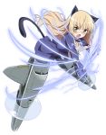  1girl animal_ears anime_coloring blonde_hair cat_ears cat_tail electricity highres long_hair looking_at_viewer military military_uniform open_mouth pantyhose perrine_h_clostermann solo strike_witches striker_unit sword tail tirotata uniform weapon yellow_eyes 