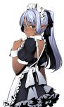  1girl apron blue_hair bow dark_skin elf green_eyes h_kasei hair_bow hand_on_own_chest looking_back maid maid_headdress pointy_ears ponytail puffy_sleeves shoulder_blades simple_background solo white_background wrist_cuffs 