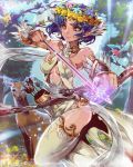  1girl 2013 armlet arrow bare_shoulders bird blue_hair blue_sky bow_(weapon) brown_eyes deer drawing_bow earrings flower fufuhol hair_flower hair_ornament head_wreath heterochromia jewelry outdoors pointy_ears short_hair sky smile tagme tenkuu_no_crystalia tree weapon white_legwear 