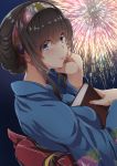  1girl aerial_fireworks alternate_hairstyle black_hair blue_eyes book dutch_angle fireworks hairband highres idolmaster idolmaster_cinderella_girls japanese_clothes kimono long_hair looking_at_viewer murasame_nohito night sagisawa_fumika smile solo yukata 