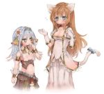  2girls animal_ears armlet blue_eyes blue_hair blue_ribbon blush breasts brown_hair cat_ears cat_tail choker ciel_nosurge cleavage cosplay costume_switch eyebrows eyebrows_visible_through_hair flower flying_sweatdrops gloves green_eyes hair_between_eyes hair_flower hair_ornament ionasal_kkll_preciel kureudon long_hair looking_at_another multiple_girls navel open_mouth pleated_skirt puffy_short_sleeves puffy_sleeves ribbon sarly_planck shirt short_sleeves simple_background skirt surge_concerto tail tail_ribbon white_background white_gloves white_shirt white_skirt 