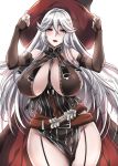  1girl bare_shoulders blush breasts commentary_request detached_sleeves garter_straps granblue_fantasy hat large_breasts long_hair magisa_(granblue_fantasy) mushi024 silver_hair solo witch_hat 