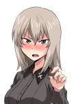  &gt;:o 1girl :o blush chocolate commentary_request girls_und_panzer grey_eyes incoming_food itsumi_erika long_hair long_sleeves looking_at_viewer military military_uniform mimuni362 nose_blush open_mouth silver_hair solo uniform upper_body white_background 