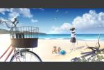  1girl barefoot beach bird black_hair dog highres original ponytail school_uniform serafuku short_hair solo summer taka_(tsmix) 