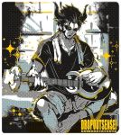  1boy barefoot casual character_name guitar instrument kuwagatatsuya limited_palette male_focus nikism open_mouth pointy_hair shirt shorts show_by_rock!! sitting solo sparkle sunglasses t-shirt towel towel_around_neck 