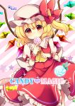  1girl ascot blonde_hair bow candy flandre_scarlet frills hat hat_bow highres mob_cap red_eyes ruhika rumia side_ponytail solo touhou wings 