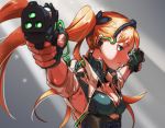  1girl black_gloves black_ribbon blonde_hair blue_eyes blurry closed_mouth depth_of_field dual_wielding fingerless_gloves gloves gun haikeb89 hair_ribbon holding holding_gun holding_weapon long_hair original outstretched_arms profile ribbon solo spread_arms twintails weapon 