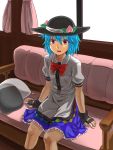  1girl :d alternate_hair_length alternate_hairstyle arm_support black_gloves black_hat blue_hair blue_skirt bow bowtie commentary_request couch dress_shirt fingerless_gloves food frilled_skirt frills fruit gloves hat hinanawi_tenshi leaf looking_at_viewer mimuni362 miniskirt open_mouth peach pillow puffy_short_sleeves puffy_sleeves rainbow_gradient rainbow_order red_bow red_bowtie red_eyes shirt short_hair short_sleeves sitting skirt smile solo touhou white_shirt 