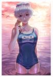  1girl arm_up bangs bird blue_swimsuit braid breasts closed_mouth clouds cloudy_sky competition_swimsuit covered_navel cowboy_shot dannis full_metal_panic! hair_over_shoulder hair_ribbon hair_tie head_tilt highres horizon light_rays lips long_hair looking_at_viewer medium_breasts name_tag ocean one-piece_swimsuit orange_sky outdoors ribbon ripples school_swimsuit seagull side_braid sidelocks silver_hair single_braid sky smile solo sparkle standing sun sunbeam sunlight sunset swimsuit teletha_testarossa wading water wet white_border 