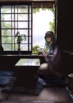  1girl black_hair blue_eyes book hair_over_eyes hairband highres idolmaster idolmaster_cinderella_girls indoors jewelry kneeling long_hair looking_at_viewer murasame_nohito pendant plant sagisawa_fumika shawl solo table tatami window 