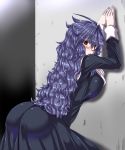  1girl :o against_wall ahoge ass bent_over black_dress blue_hair blush breasts commentary_request dress kuon_yashiro large_breasts long_hair long_sleeves looking_at_viewer messy_hair nun original red_eyes solo 