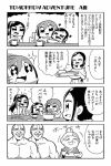  &gt;_&lt; +++ +_+ 4koma 5girls :3 bkub blush closed_eyes comic cup eating fang flying_sweatdrops heart hug monochrome multiple_girls muscle one_side_up original sidelocks simple_background sparkle sparkling_eyes sweat thumbs_up topless translated two-tone_background 