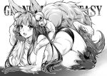  1girl animal_ears bell commentary_request erun_(granblue_fantasy) fox_ears fox_tail gloves granblue_fantasy hair_bell hair_ornament jingle_bell long_hair looking_at_viewer monochrome mushi024 solo tail thigh-highs yuel_(granblue_fantasy) 