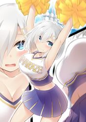  1girl armpits arms_up blue_eyes blush breasts cheerleader cleavage close-up eyes_visible_through_hair hair_ornament hair_over_one_eye hairclip hamakaze_(kantai_collection) highres ishima_yuu kantai_collection large_breasts midriff motion_blur navel open_mouth pom_poms projected_inset short_hair silver_hair skirt solo wavy_mouth 