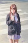  1girl 2016 arm_at_side arm_up artist_name black_jacket brown_hair buttons coffee collared_shirt cowboy_shot cup dannis dated day drinking drinking_straw grey_skirt hand_in_pocket highres holding holding_cup jacket lips long_hair long_sleeves looking_to_the_side necktie outdoors pleated_skirt realistic road shirt signature sitting skirt standing street unbuttoned white_shirt 