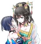  2girls alternate_hairstyle bare_shoulders black_hair blue_eyes blue_hair breasts chinese_clothes cleavage hair_ornament hair_stick hair_up hand_on_another&#039;s_cheek hand_on_another&#039;s_face hanfu hayami_kanade idolmaster idolmaster_cinderella_girls multiple_girls open_mouth romi_(346_ura) sagisawa_fumika yellow_eyes yuri 