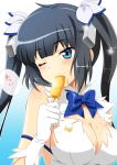  1girl black_hair blue_eyes blush breasts cleavage dungeon_ni_deai_wo_motomeru_no_wa_machigatteiru_darou_ka eating eyebrows eyebrows_visible_through_hair gloves hair_ribbon hestia_(danmachi) hot large_breasts long_hair one_eye_closed popsicle rei_no_himo ribbon silky_(silky_alice) solo sweat twintails white_gloves 