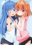  2girls ;d ahoge bare_shoulders black_shorts black_skirt blue_background blue_eyes blue_hair blue_shirt blush brown_hair camisole cheek-to-cheek closed_mouth eyebrows eyebrows_visible_through_hair fujiwara_gacho fuu-chan_(fujiwara_gacho) hair_between_eyes hand_on_another&#039;s_back head_tilt highres holding_hands hood hoodie long_hair looking_at_viewer multiple_girls one_eye_closed open_mouth original pink_eyes pleated_skirt polka_dot polka_dot_background polka_dot_shirt shirt shorts skirt sleeveless sleeveless_shirt smile sui_(fujiwara_gacho) very_long_hair 