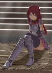  &gt;:) 1girl armor armored_boots arms_behind_back black_legwear boots bound bound_wrists breastplate closed_mouth dappled_sunlight elbow_pads full_body grey_boots hay indoors looking_at_viewer original panties pantyshot pantyshot_(sitting) pink_panties pink_skirt pleated_skirt redhead restrained shimotsuki_iko shoulder_pads sitting skirt solo sunlight thigh-highs underwear upskirt violet_eyes 