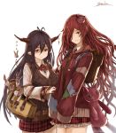  2girls absurdres alternate_costume anna_(granblue_fantasy) antenna_hair bag black_hair breasts cat_hair_ornament danua doraf granblue_fantasy hair_between_eyes hair_ornament hair_over_one_eye highres horns jewelry large_breasts long_hair looking_at_viewer multiple_girls necklace plaid plaid_skirt pointy_ears red_eyes redhead school_bag school_briefcase school_uniform simple_background skirt smile stuffed_animal stuffed_cat stuffed_toy very_long_hair vest white_background yatsuka_(846) 