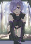  1girl akame_(akamiru) armor bare_shoulders black_legwear blush breasts elbow_gloves fate/grand_order fate_(series) gloves hair_over_one_eye leaning_forward looking_at_viewer open_mouth purple_hair shielder_(fate/grand_order) short_hair smile solo thigh-highs violet_eyes 