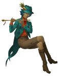  1boy blue_hair crossed_legs dark_skinned_male doi_masayuki facial_mark feathers fedora flute forehead_mark grey_eyes grin hat highres instrument krishna_(shin_megami_tensei_iv_final) male_focus official_art shin_megami_tensei shin_megami_tensei_iv shin_megami_tensei_iv_final smile solo tailcoat 