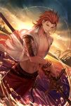  1boy abs armor belt bracelet chest closed_mouth clouds coat dutch_angle granblue_fantasy highres jewelry lens_flare male_focus navel open_clothes open_coat outdoors palm_tree percival_(granblue_fantasy) ready_to_draw red_eyes red_shorts redhead see-through short_sleeves shorts signature sky solo standing stomach sword tenyo0819 tree wading water weapon wet 