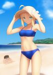  +_+ 1girl :&lt; ahoge baseball_cap beach bikini blonde_hair breasts commentary_request fate/grand_order fate/stay_night fate_(series) green_eyes hair_ribbon hat heroine_x migiha navel official_style ribbon saber straw_hat swimsuit symbol-shaped_pupils 