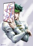  1boy crossed_arms earrings green_hair headband heaven&#039;s_door jewelry jojo_no_kimyou_na_bouken kishibe_rohan male_focus musubi_(livnehe) sketchbook solo twitter_username upper_body 