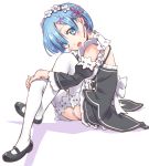  1girl absurdres black_dress blue_eyes blue_hair blush commentary_request crossed_legs detached_sleeves dress frills hair_ornament hair_over_one_eye hair_ribbon highres leg_hug looking_at_viewer maid maid_headdress open_mouth panties pantyshot pantyshot_(sitting) re:zero_kara_hajimeru_isekai_seikatsu rem_(re:zero) ribbon short_hair sitting smile solo suzuki24 thigh-highs underwear white_legwear white_panties x_hair_ornament 