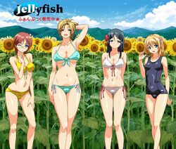  4girls aqua_bikini aqua_eyes arm_up arms_behind_back bikini blonde_hair breasts covered_navel covered_nipples flower front-tie_bikini front-tie_top glasses green_eyes halter_top halterneck hand_on_leg kamimura_akiko kamimura_chika kamimura_haruka kouzaka_kouhei large_breasts logo long_hair looking_at_viewer mole mole_on_breast multiple_girls navel official_art one_eye_closed open_mouth outdoors redhead school_swimsuit shiny shiny_skin short_hair side-tie_bikini sisters_~natsu_no_saigo_no_hi~ smile sunflower swimsuit white_bikini yellow_bikini 