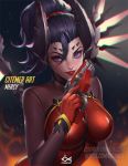  1girl alternate_costume alternate_hair_color black_hair citemer demon_girl devil_mercy gun handgun horns licking_lips looking_at_viewer mercy_(overwatch) overwatch play_of_the_game solo tongue tongue_out upper_body violet_eyes weapon 