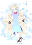  1girl age_regression animal_ears ankle_cuffs blonde_hair blue_eyes collar elsa_(frozen) fox_ears fox_tail frozen_(disney) hidaka_ajiko highres kemonomimi_mode solo tail wrist_cuffs younger 