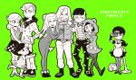  animal_ears bear_ears beard belt_buckle bodysuit bow bowtie buckle camera dress facial_hair fake_animal_ears family fingerless_gloves gloves green_background haku_le hand_on_hip hat higashikata_daiya higashikata_hato higashikata_joubin higashikata_joushuu higashikata_mitsuba higashikata_norisuke_iv higashikata_tsurugi hood hoodie jojo_no_kimyou_na_bouken jojolion leaning_forward lipstick maid makeup monochrome nijimura_kyou open_mouth otoko_no_ko pantyhose paper_airplane paper_moon_king pouty_lips skirt smile stand_(jojo) striped striped_legwear tattoo throwing vacuum_cleaner 