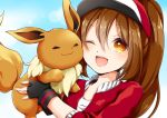  1girl :3 ;d akira_ry0 baseball_cap black_gloves brown_hair cheek-to-cheek eevee female_protagonist_(pokemon_go) fingerless_gloves gloves hat looking_at_viewer one_eye_closed open_mouth pokemon pokemon_(creature) pokemon_go ponytail short_hair smile yellow_eyes 