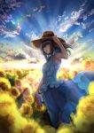  1girl armpits black_hair blue_eyes book breasts clouds cloudy_sky dress field flower flower_field highres horizon idolmaster idolmaster_cinderella_girls light_rays long_hair looking_back murasame_nohito open_mouth sagisawa_fumika sky smile solo sunflower 