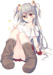  1girl :p blush flower food grey_hair hair_ornament hairclip highres ice_cream long_hair looking_at_viewer loose_socks miko_92 original red_eyes sitting socks solo tongue tongue_out two_side_up 