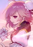  1girl ainy77 arm_garter bandaged_arm bun_cover chinese_clothes commentary_request double_bun flower hair_bun ibaraki_kasen looking_at_viewer parted_lips pink_eyes pink_hair pink_rose puffy_short_sleeves puffy_sleeves rose short_hair short_sleeves solo tabard touhou upper_body 