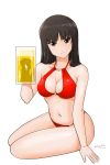  1girl alcohol beer beer_mug bikini black_eyes black_hair breasts cleavage girls_und_panzer long_hair matsui_yasutsugu nishizumi_shiho sitting solo swimsuit yokozuwari 