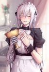  1boy bedivere cleavage_cutout closed_eyes fate/grand_order fate/stay_night fate_(series) grail holy_grail maid maid_headdress male_focus otoko_no_ko ribbon shijiu_(adamhutt) smile solo tears twintails white_hair 