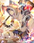  1boy animal_hood armor artist_name barefoot blue_eyes bracer brown_hair building c.seryl facial_mark hammer holding holding_weapon hood looking_at_viewer male_focus official_art outdoors over_shoulder shoulder_armor solo squatting sunlight tattoo tenkuu_no_crystalia watermark weapon 
